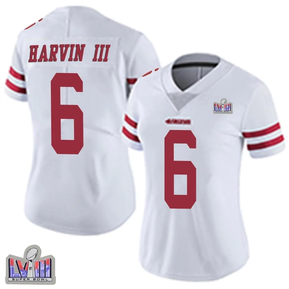 Women's San Francisco 49ers Pressley Harvin Iii Nike Vapor Untouchable Super Bowl LVIII Patch Limited White Jersey Women's San Francisco 49ers Pressley Harvin Iii Nike Vapor Untouchable Super Bowl LVIII Patch Limited White Jersey