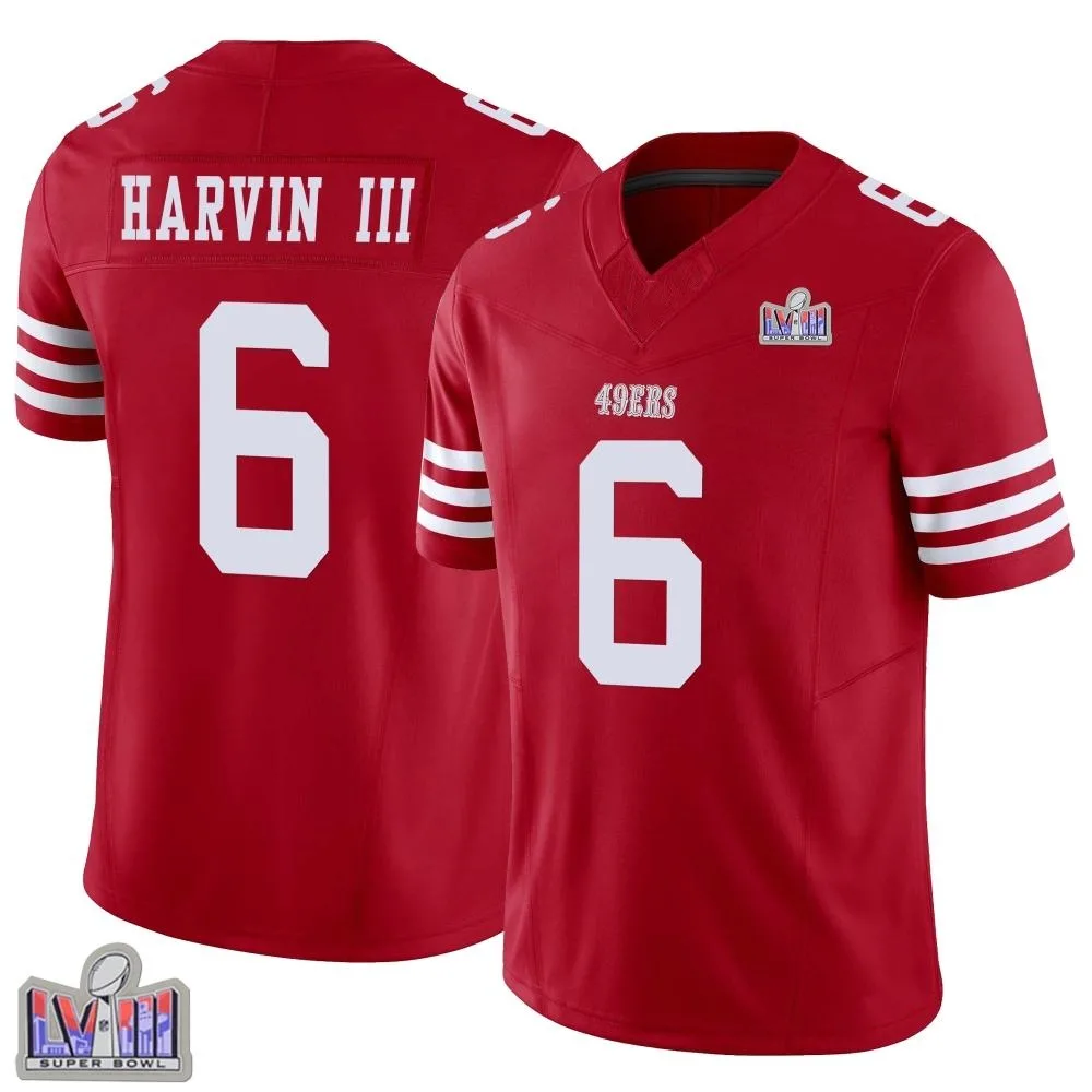 Youth San Francisco 49ers Pressley Harvin Iii Nike Vapor F.U.S.E. Super Bowl LVIII Patch Limited Scarlet Jersey Youth San Francisco 49ers Pressley Harvin Iii Nike Vapor F.U.S.E. Super Bowl LVIII Patch Limited Scarlet Jersey