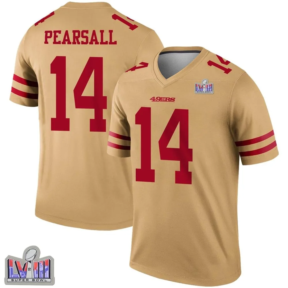 Men's San Francisco 49ers Ricky Pearsall Nike Inverted Super Bowl LVIII Patch Legend Gold Jersey Men's San Francisco 49ers Ricky Pearsall Nike Inverted Super Bowl LVIII Patch Legend Gold Jersey