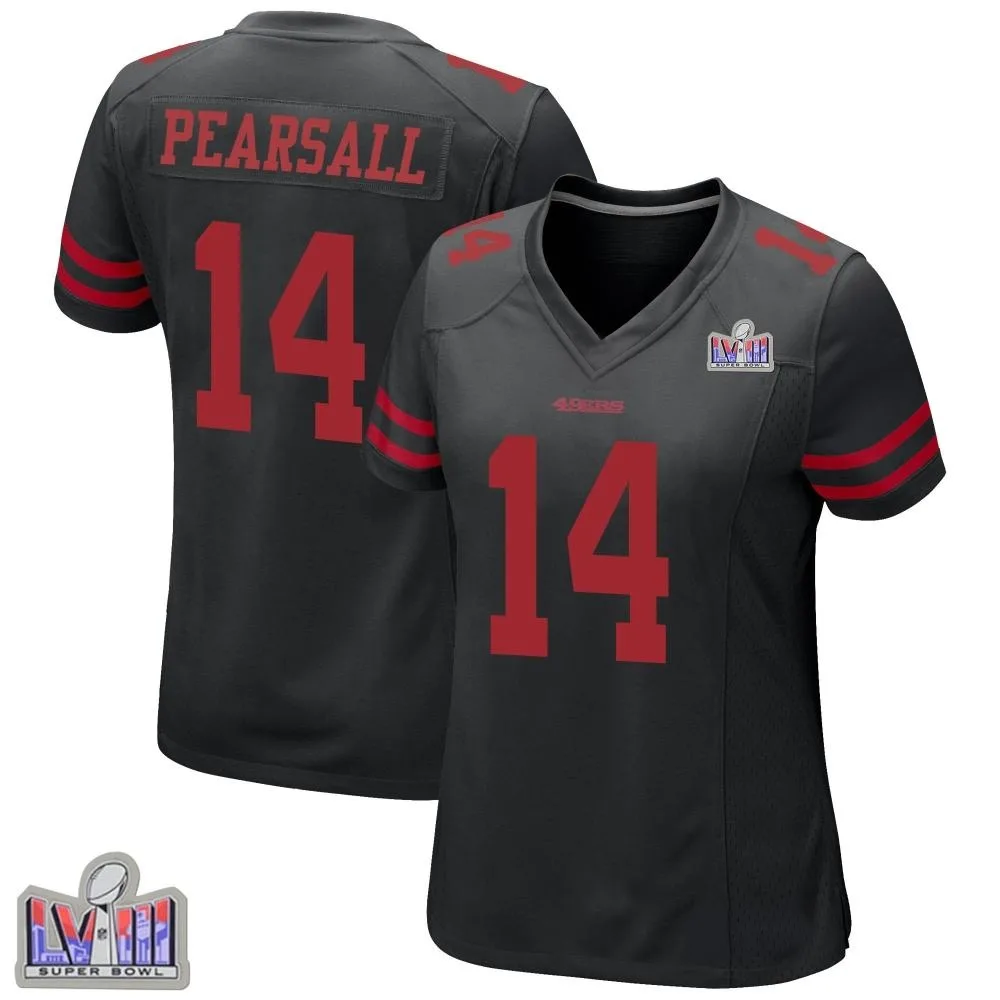 Women's San Francisco 49ers Ricky Pearsall Nike Alternate Super Bowl LVIII Patch Game Black Jersey Women's San Francisco 49ers Ricky Pearsall Nike Alternate Super Bowl LVIII Patch Game Black Jersey
