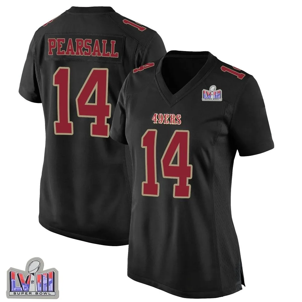 Women's San Francisco 49ers Ricky Pearsall Nike Fashion Super Bowl LVIII Patch Game Black Jersey Women's San Francisco 49ers Ricky Pearsall Nike Fashion Super Bowl LVIII Patch Game Black Jersey