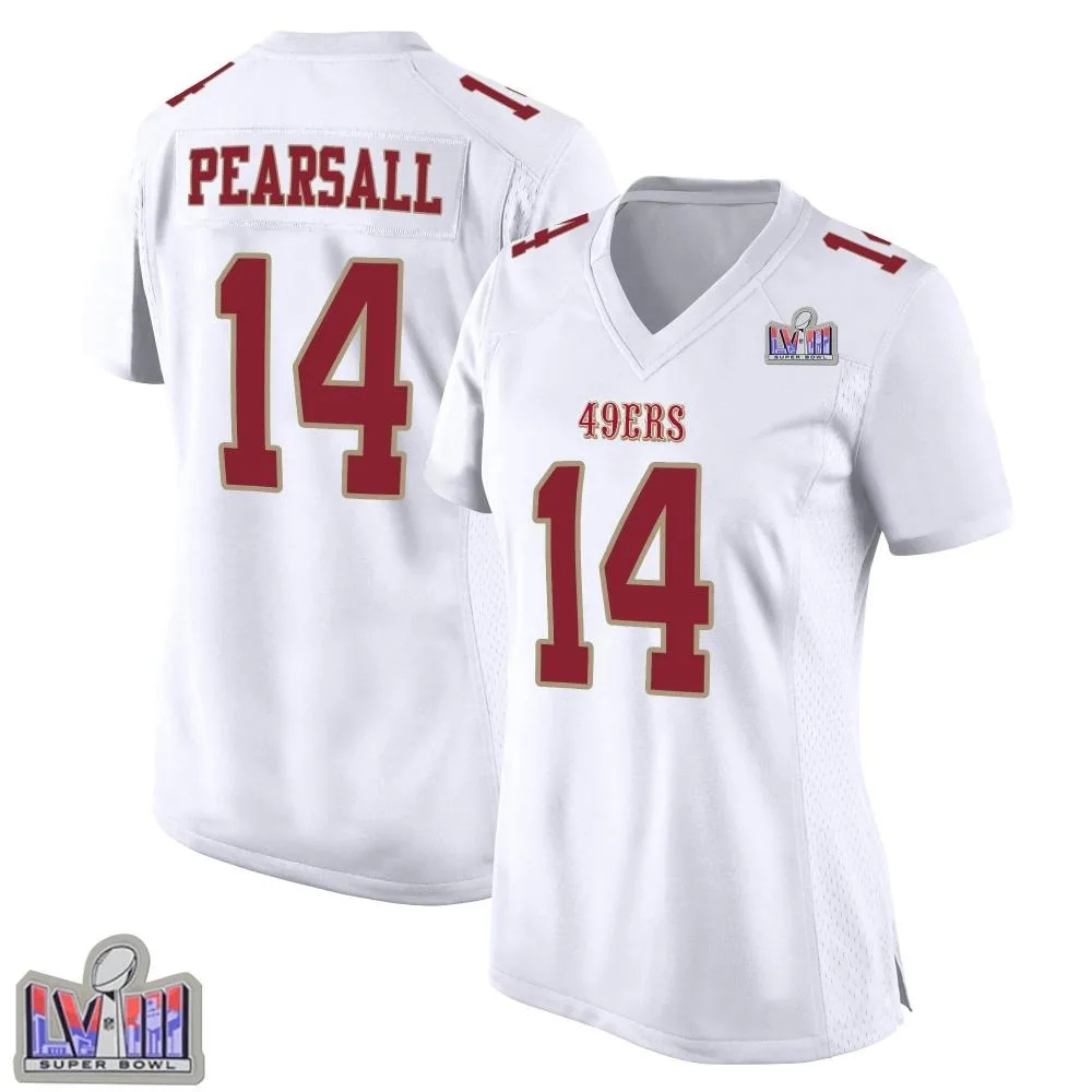 Women's San Francisco 49ers Ricky Pearsall Nike Fashion Super Bowl LVIII Patch Game White Jersey Women's San Francisco 49ers Ricky Pearsall Nike Fashion Super Bowl LVIII Patch Game White Jersey