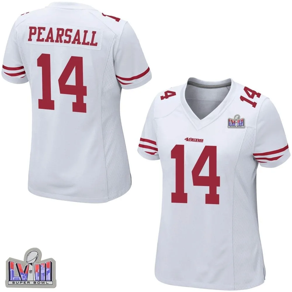 Women's San Francisco 49ers Ricky Pearsall Nike Super Bowl LVIII Patch Game White Jersey Women's San Francisco 49ers Ricky Pearsall Nike Super Bowl LVIII Patch Game White Jersey