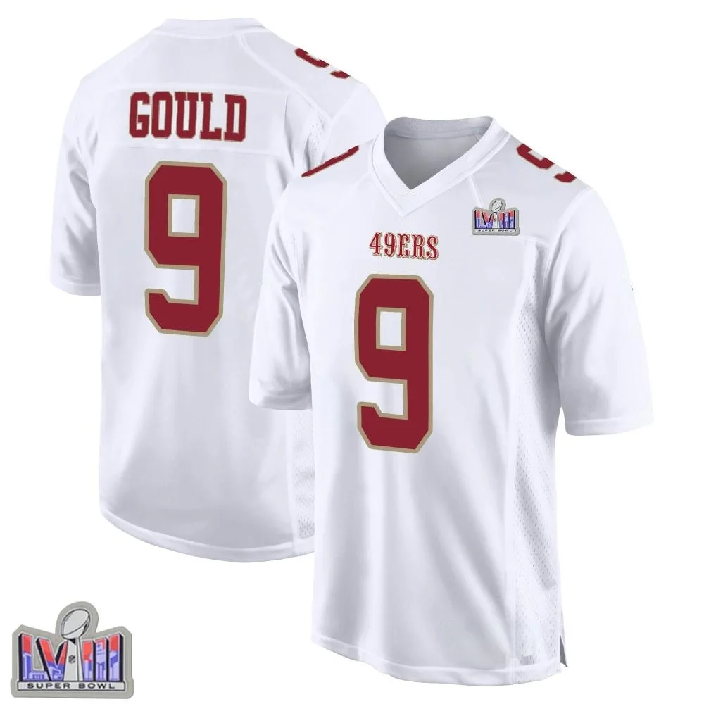 Men's San Francisco 49ers Robbie Gould Nike Fashion Super Bowl LVIII Patch Game White Jersey Men's San Francisco 49ers Robbie Gould Nike Fashion Super Bowl LVIII Patch Game White Jersey
