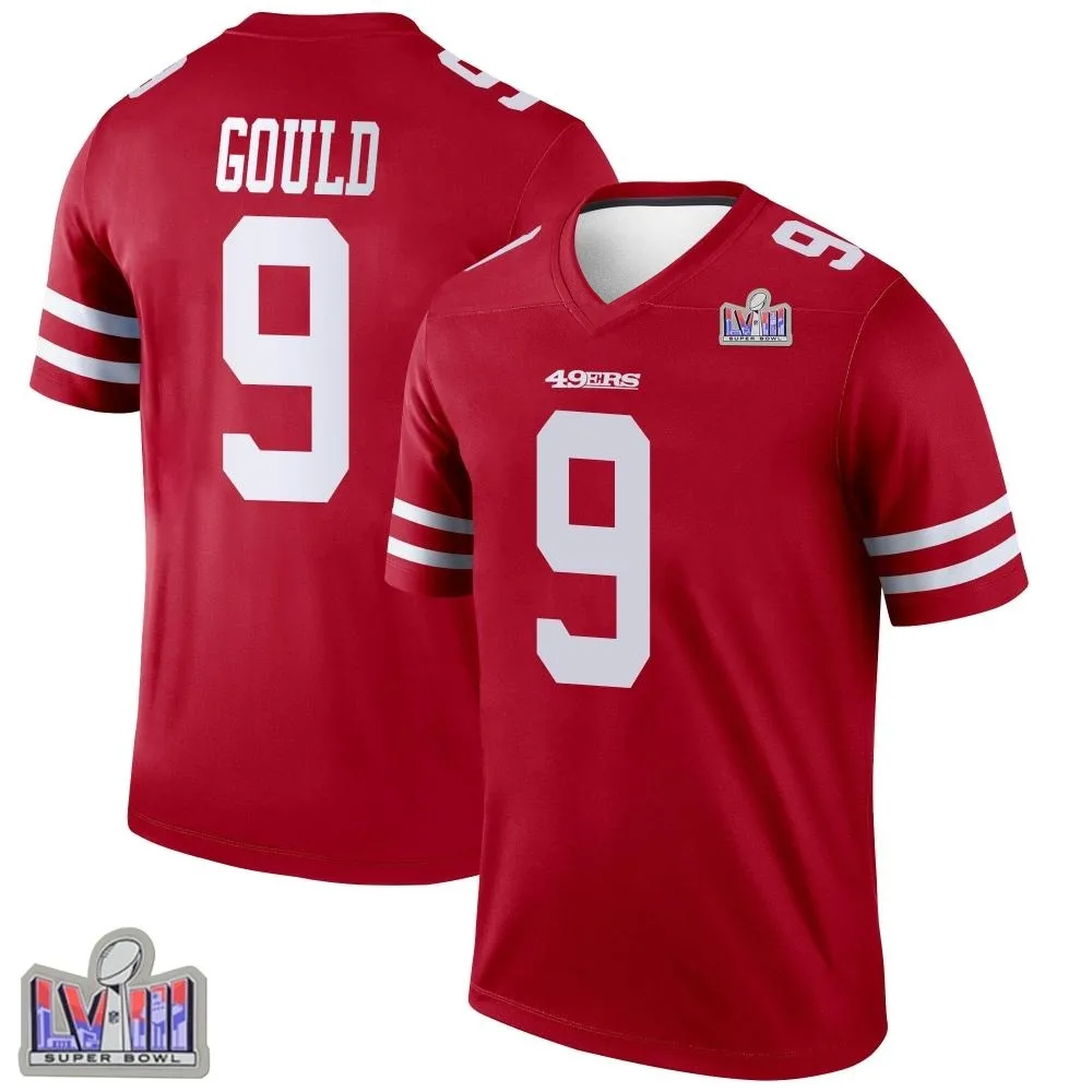 Men's San Francisco 49ers Robbie Gould Nike Super Bowl LVIII Patch Legend Scarlet Jersey Men's San Francisco 49ers Robbie Gould Nike Super Bowl LVIII Patch Legend Scarlet Jersey