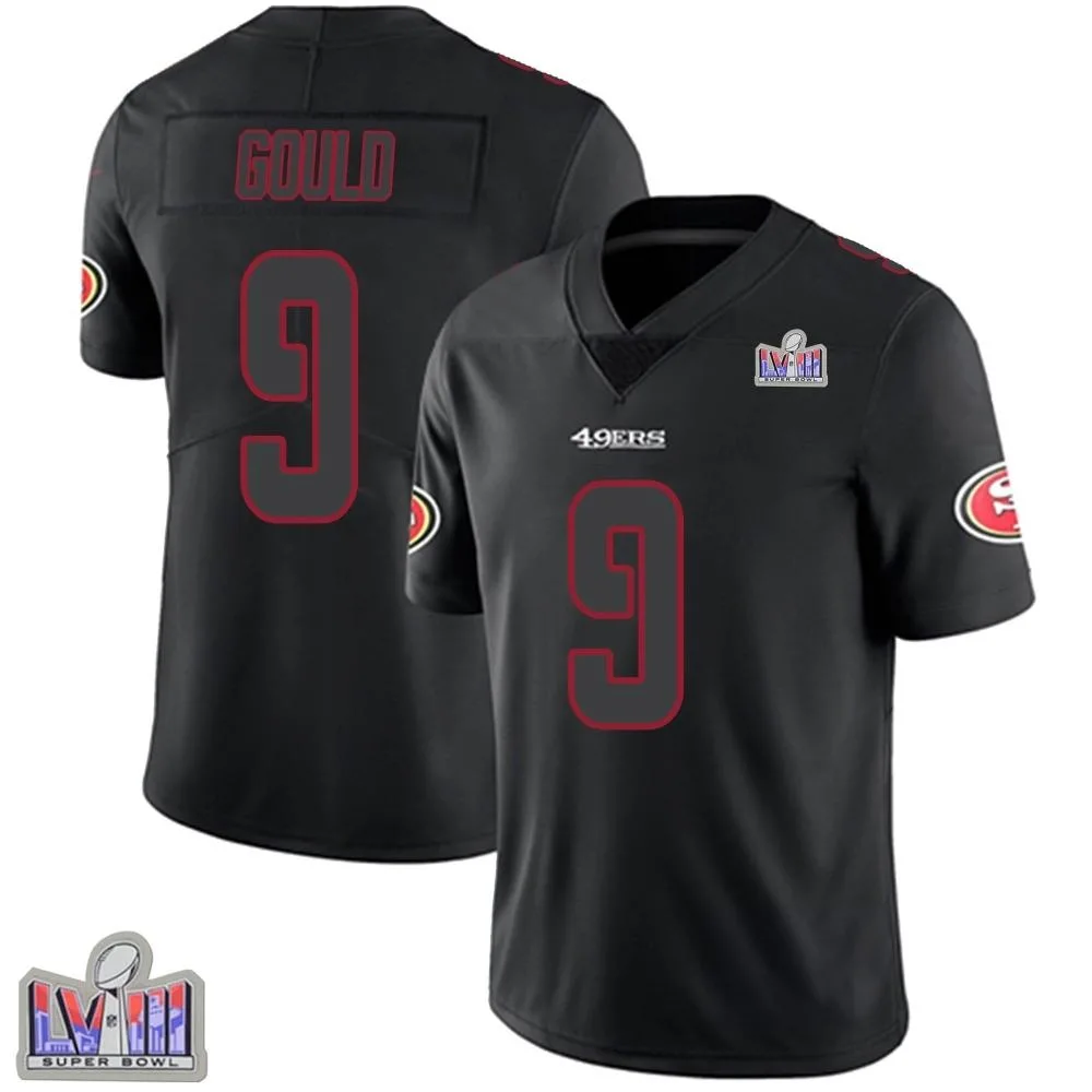 Men's San Francisco 49ers Robbie Gould Nike Super Bowl LVIII Patch Limited Black Impact Jersey Men's San Francisco 49ers Robbie Gould Nike Super Bowl LVIII Patch Limited Black Impact Jersey