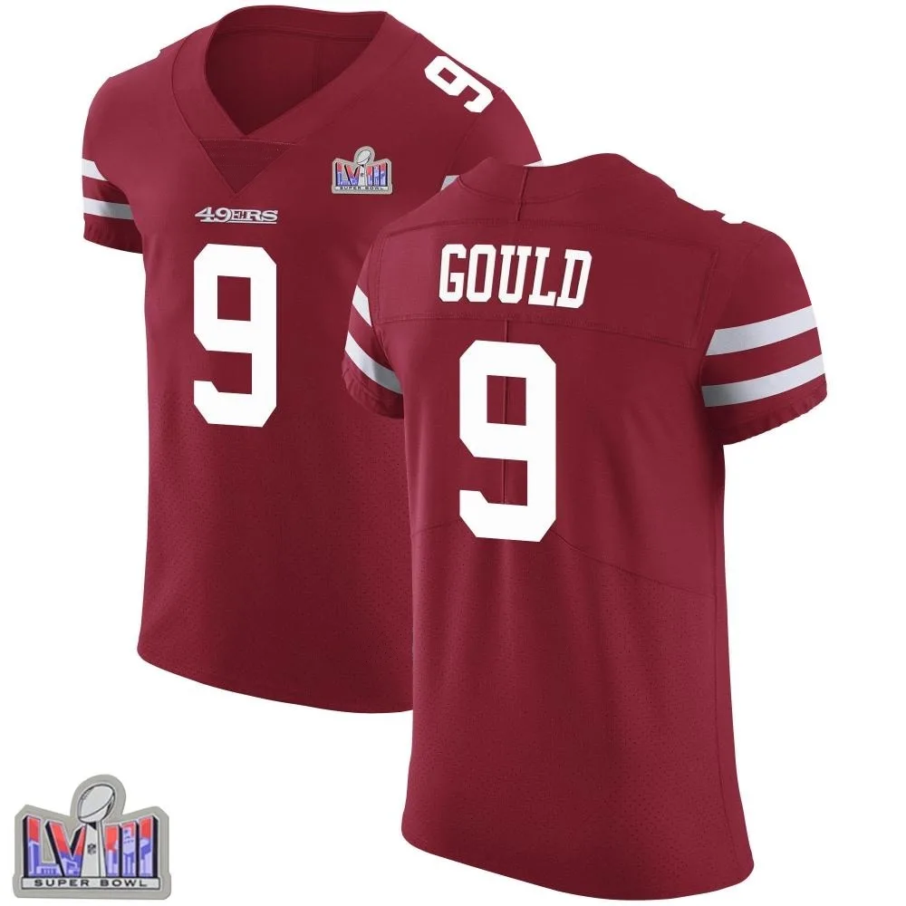 Men's San Francisco 49ers Robbie Gould Nike Team Color Vapor Untouchable Super Bowl LVIII Patch Elite Red Jersey Men's San Francisco 49ers Robbie Gould Nike Team Color Vapor Untouchable Super Bowl LVIII Patch Elite Red Jersey
