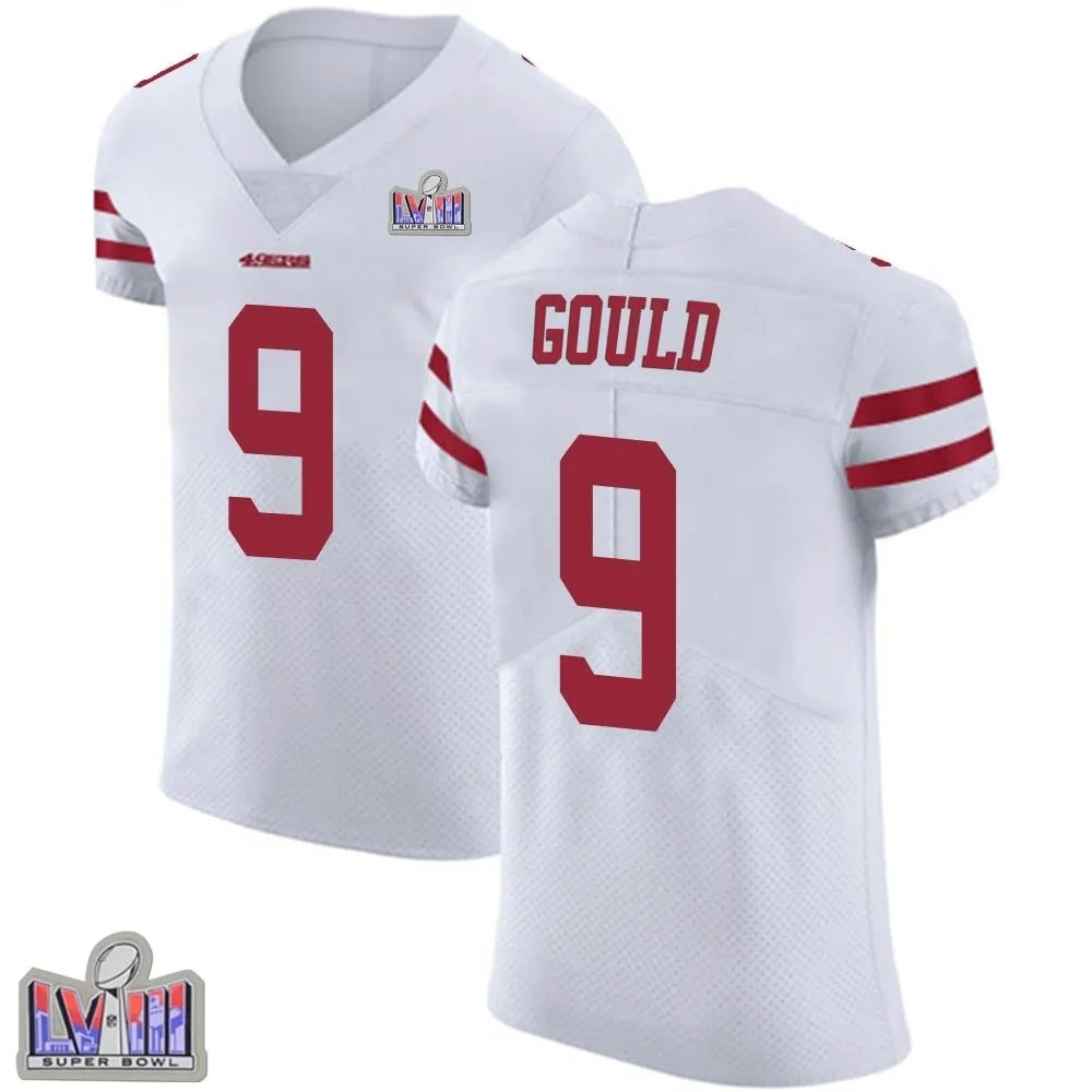 Men's San Francisco 49ers Robbie Gould Nike Vapor Untouchable Super Bowl LVIII Patch Elite White Jersey Men's San Francisco 49ers Robbie Gould Nike Vapor Untouchable Super Bowl LVIII Patch Elite White Jersey