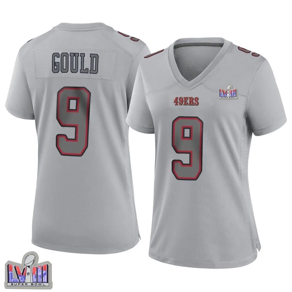 Women's San Francisco 49ers Robbie Gould Nike Atmosphere Fashion Super Bowl LVIII Patch Game Gray Jersey Women's San Francisco 49ers Robbie Gould Nike Atmosphere Fashion Super Bowl LVIII Patch Game Gray Jersey