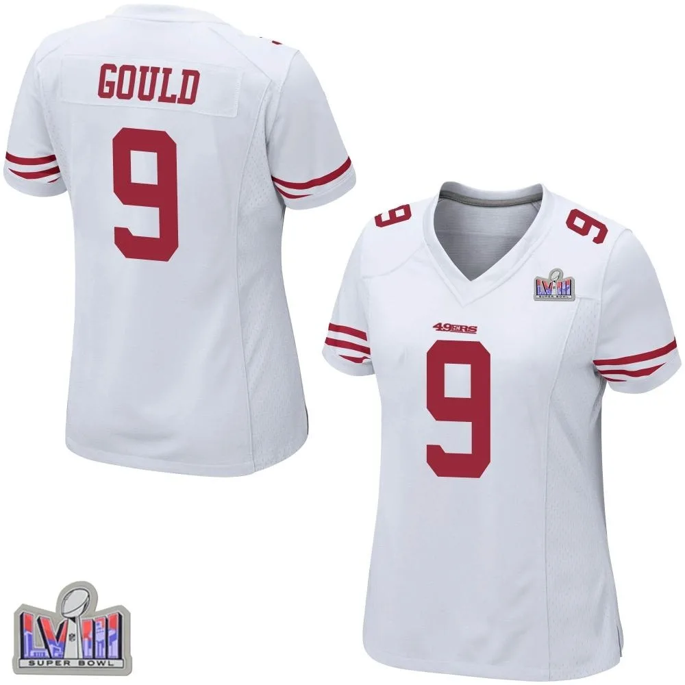Women's San Francisco 49ers Robbie Gould Nike Super Bowl LVIII Patch Game White Jersey Women's San Francisco 49ers Robbie Gould Nike Super Bowl LVIII Patch Game White Jersey