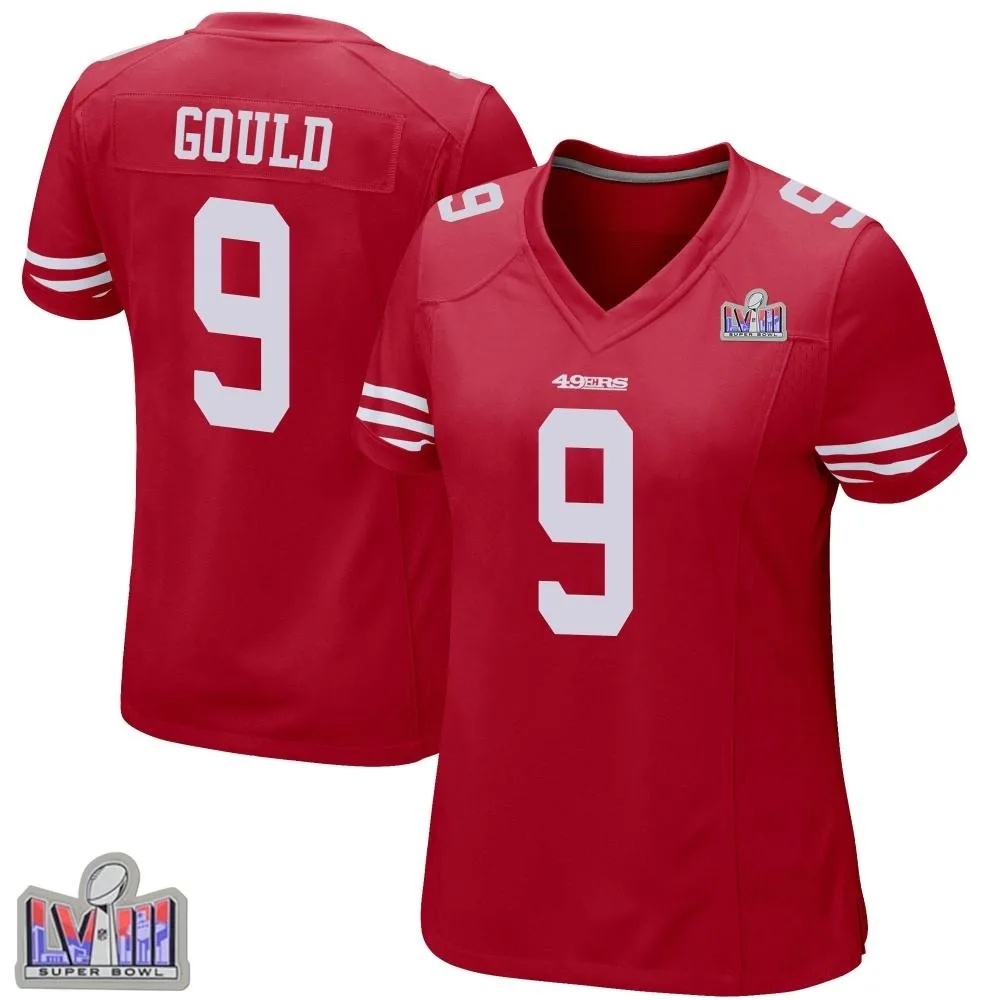 Women's San Francisco 49ers Robbie Gould Nike Team Color Super Bowl LVIII Patch Game Red Jersey Women's San Francisco 49ers Robbie Gould Nike Team Color Super Bowl LVIII Patch Game Red Jersey