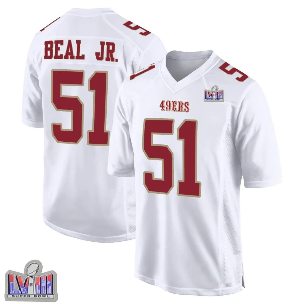 Men's San Francisco 49ers Robert Beal Jr. Nike Fashion Super Bowl LVIII Patch Game White Jersey Men's San Francisco 49ers Robert Beal Jr. Nike Fashion Super Bowl LVIII Patch Game White Jersey