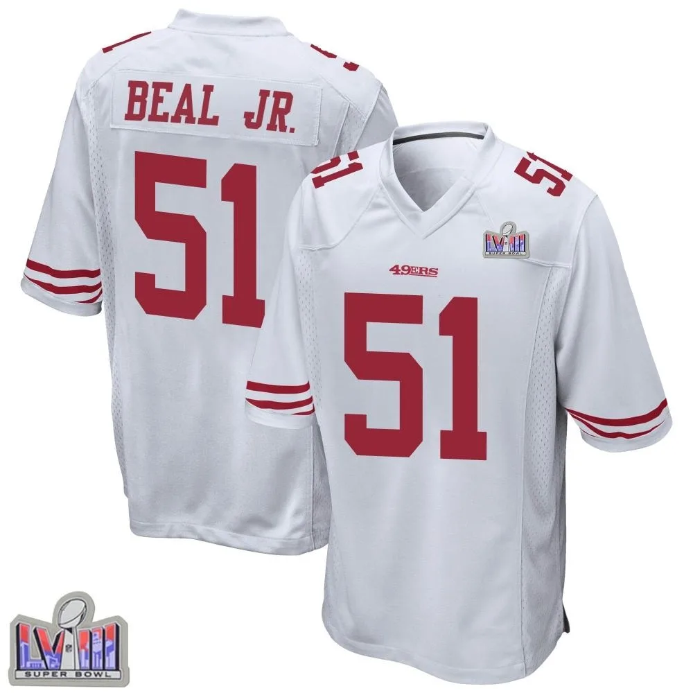 Men's San Francisco 49ers Robert Beal Jr. Nike Super Bowl LVIII Patch Game White Jersey Men's San Francisco 49ers Robert Beal Jr. Nike Super Bowl LVIII Patch Game White Jersey