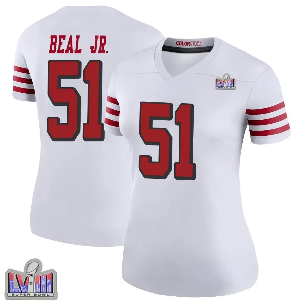 Women's San Francisco 49ers Robert Beal Jr. Nike Color Rush Super Bowl LVIII Patch Legend White Jersey Women's San Francisco 49ers Robert Beal Jr. Nike Color Rush Super Bowl LVIII Patch Legend White Jersey