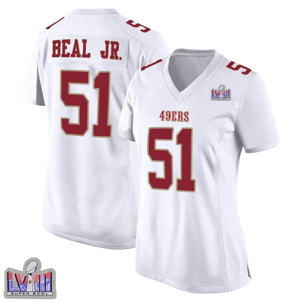 Women's San Francisco 49ers Robert Beal Jr. Nike Fashion Super Bowl LVIII Patch Game White Jersey Women's San Francisco 49ers Robert Beal Jr. Nike Fashion Super Bowl LVIII Patch Game White Jersey