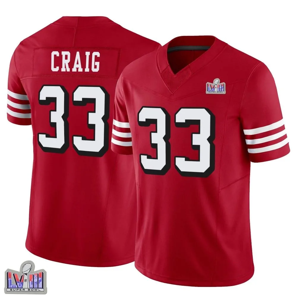 Men's San Francisco 49ers Roger Craig Nike Alternate Vapor F.U.S.E. Super Bowl LVIII Patch Limited Scarlet Jersey Men's San Francisco 49ers Roger Craig Nike Alternate Vapor F.U.S.E. Super Bowl LVIII Patch Limited Scarlet Jersey