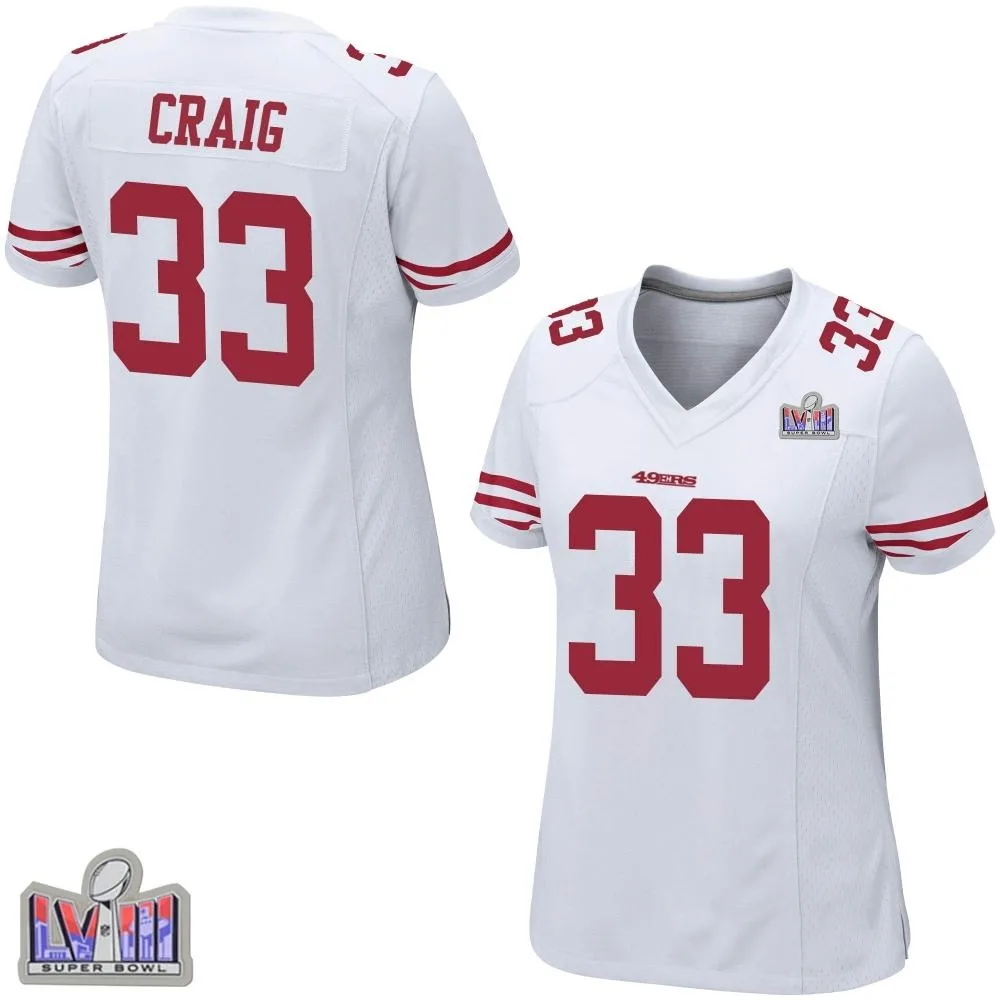 Women's San Francisco 49ers Roger Craig Nike Super Bowl LVIII Patch Game White Jersey Women's San Francisco 49ers Roger Craig Nike Super Bowl LVIII Patch Game White Jersey
