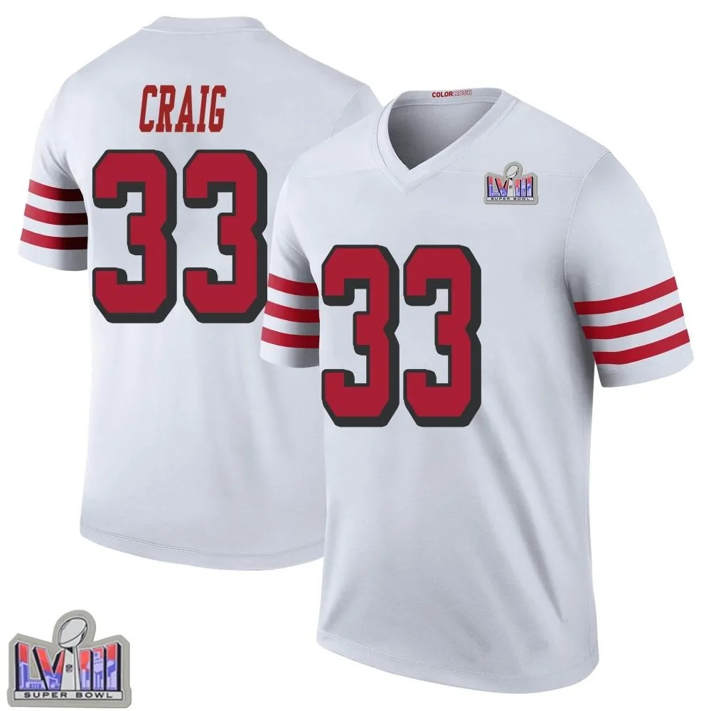 Youth San Francisco 49ers Roger Craig Nike Color Rush Super Bowl LVIII Patch Legend White Jersey Youth San Francisco 49ers Roger Craig Nike Color Rush Super Bowl LVIII Patch Legend White Jersey
