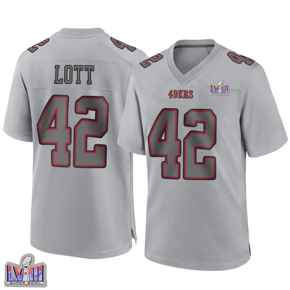 Men's San Francisco 49ers Ronnie Lott Nike Atmosphere Fashion Super Bowl LVIII Patch Game Gray Jersey Men's San Francisco 49ers Ronnie Lott Nike Atmosphere Fashion Super Bowl LVIII Patch Game Gray Jersey