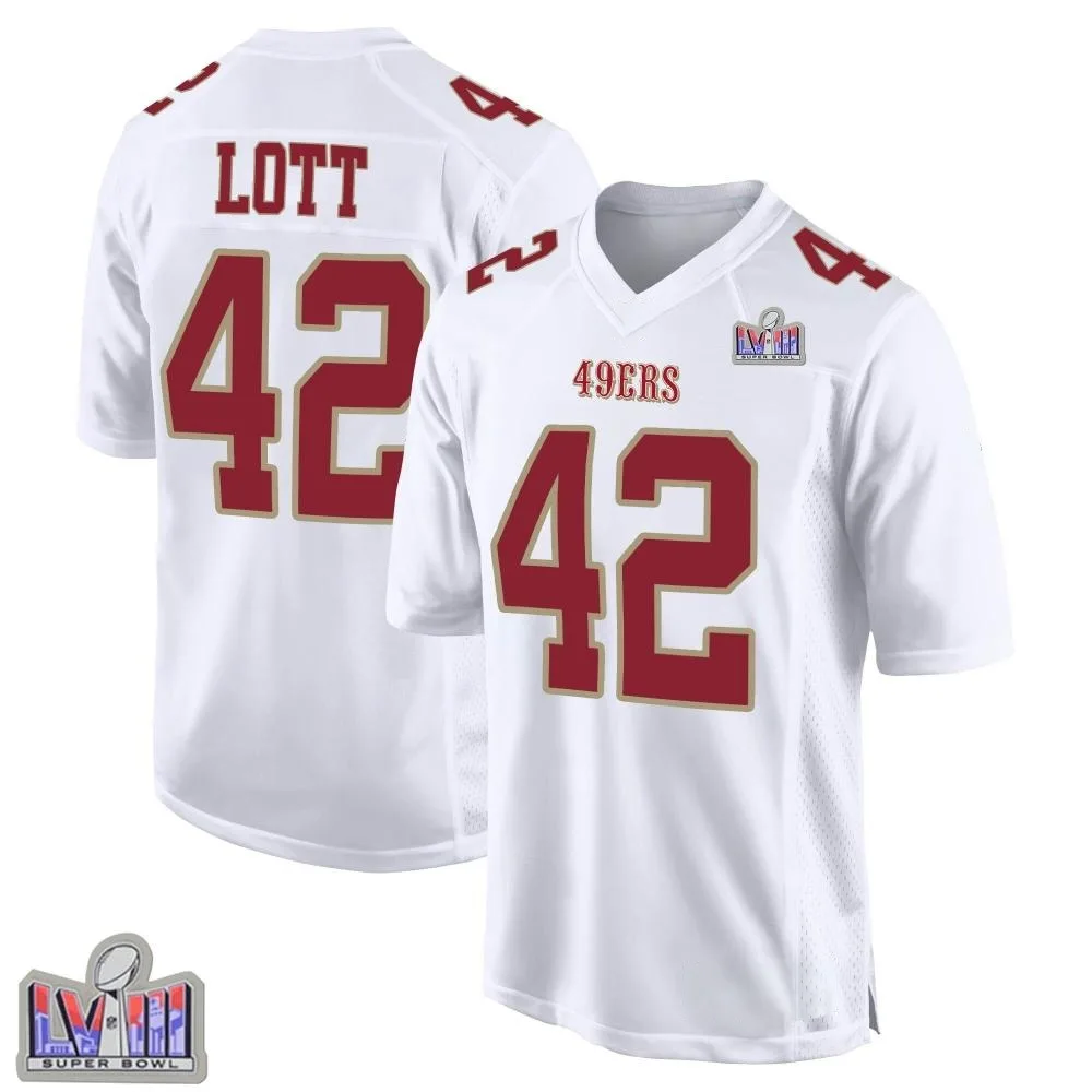 Men's San Francisco 49ers Ronnie Lott Nike Fashion Super Bowl LVIII Patch Game White Jersey Men's San Francisco 49ers Ronnie Lott Nike Fashion Super Bowl LVIII Patch Game White Jersey
