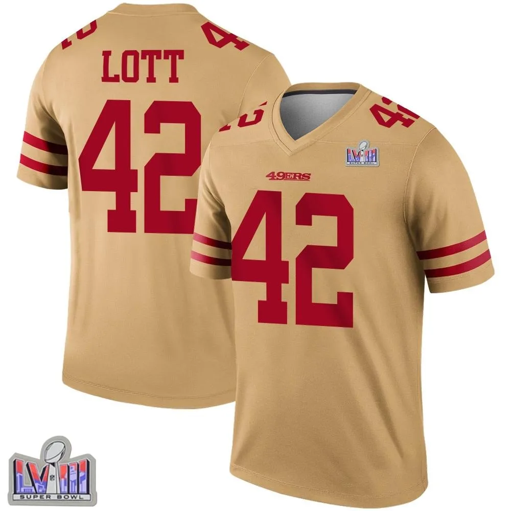 Men's San Francisco 49ers Ronnie Lott Nike Inverted Super Bowl LVIII Patch Legend Gold Jersey Men's San Francisco 49ers Ronnie Lott Nike Inverted Super Bowl LVIII Patch Legend Gold Jersey
