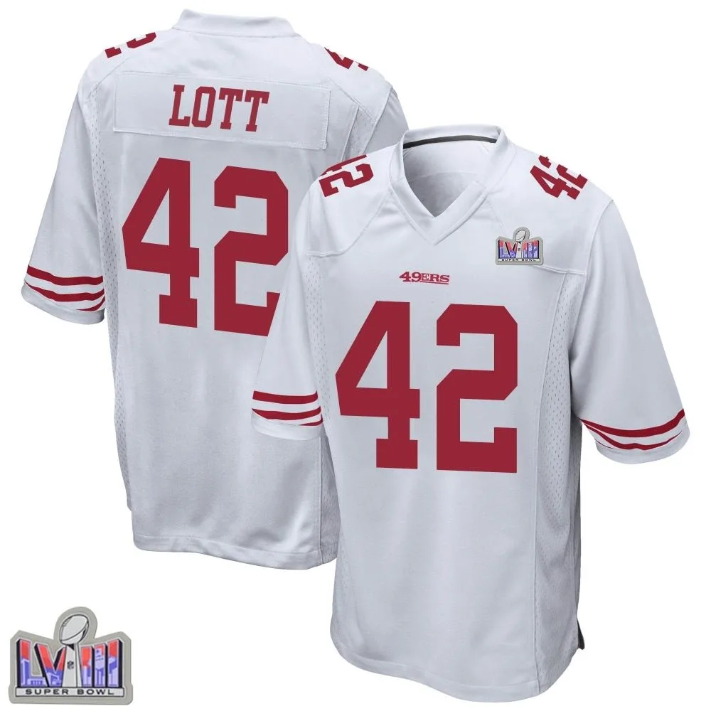 Men's San Francisco 49ers Ronnie Lott Nike Super Bowl LVIII Patch Game White Jersey Men's San Francisco 49ers Ronnie Lott Nike Super Bowl LVIII Patch Game White Jersey