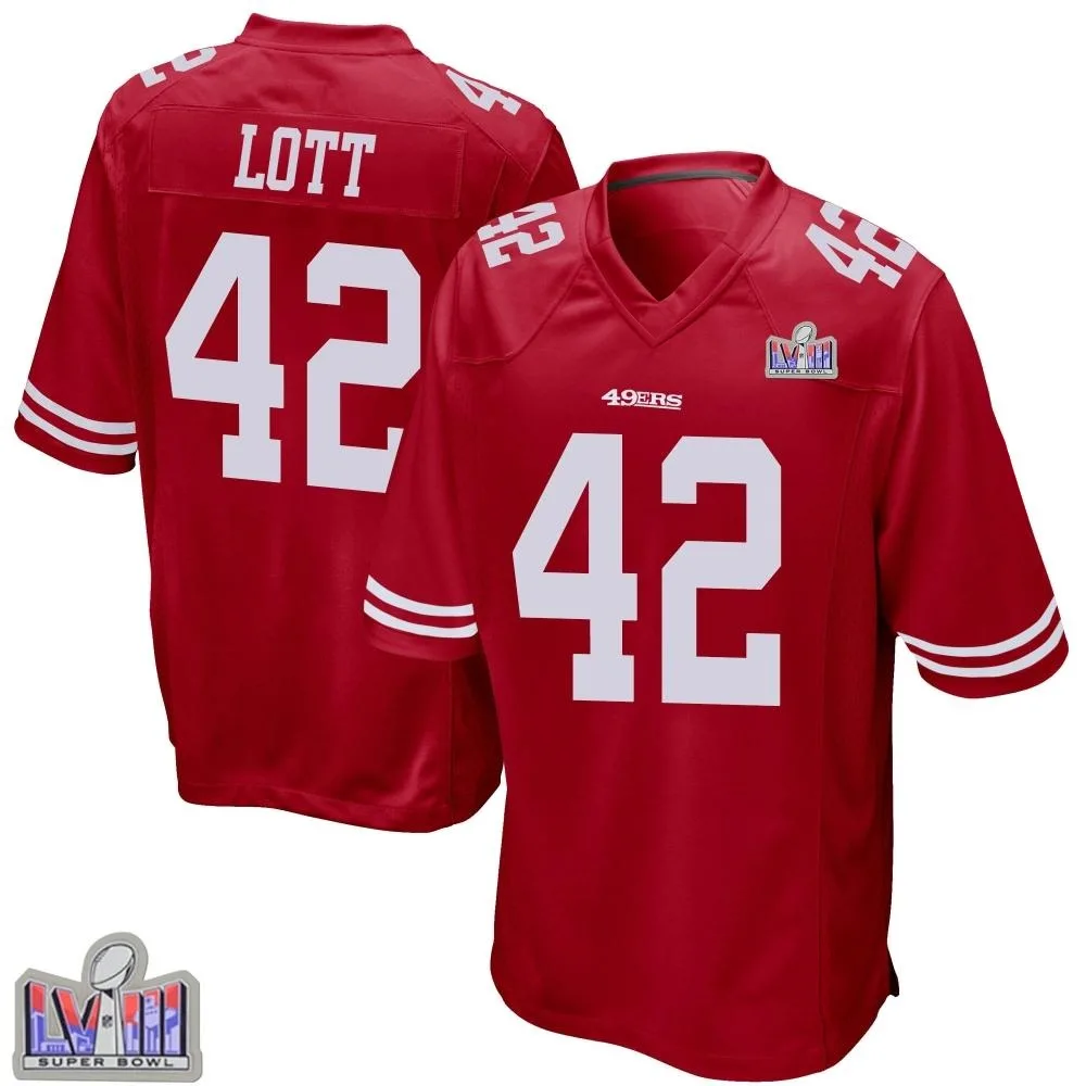 Men's San Francisco 49ers Ronnie Lott Nike Team Color Super Bowl LVIII Patch Game Red Jersey Men's San Francisco 49ers Ronnie Lott Nike Team Color Super Bowl LVIII Patch Game Red Jersey