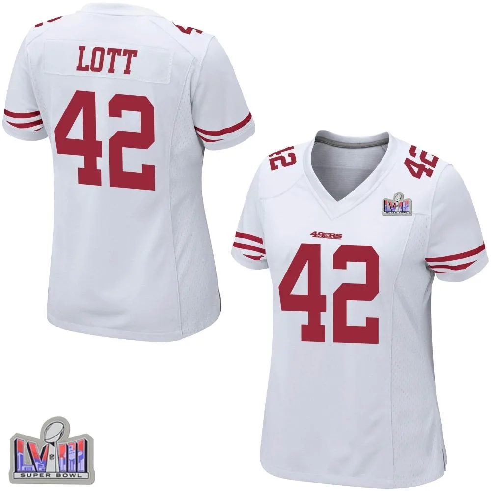 Women's San Francisco 49ers Ronnie Lott Nike Super Bowl LVIII Patch Game White Jersey Women's San Francisco 49ers Ronnie Lott Nike Super Bowl LVIII Patch Game White Jersey