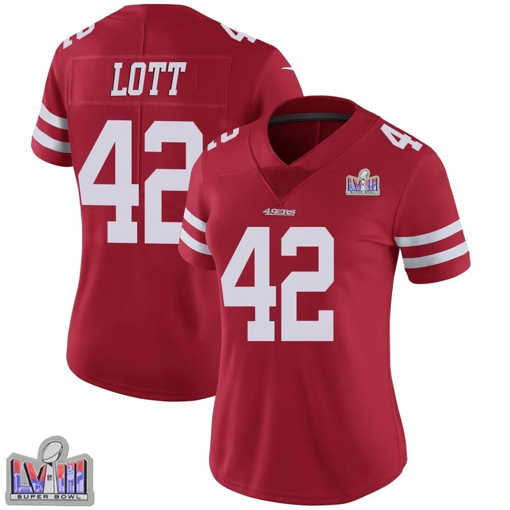 Women's San Francisco 49ers Ronnie Lott Nike Team Color Vapor Untouchable Super Bowl LVIII Patch Limited Red Jersey Women's San Francisco 49ers Ronnie Lott Nike Team Color Vapor Untouchable Super Bowl LVIII Patch Limited Red Jersey