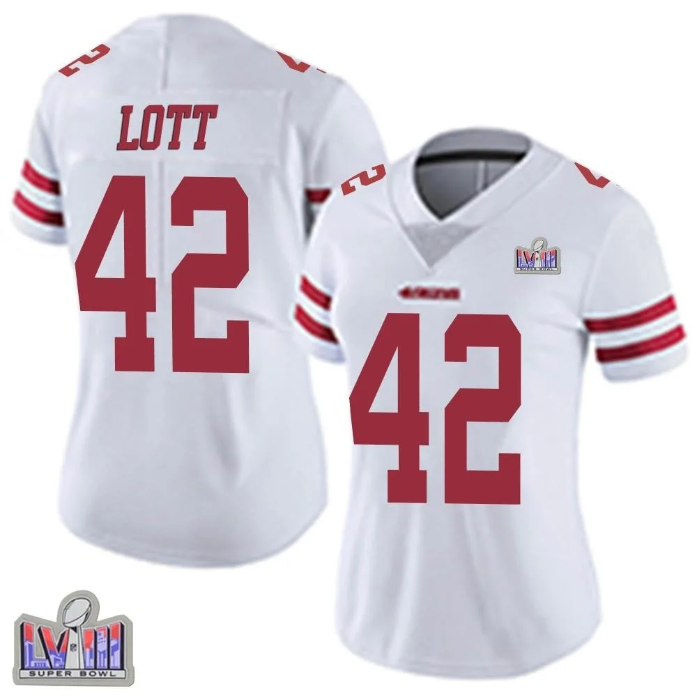 Women's San Francisco 49ers Ronnie Lott Nike Vapor Untouchable Super Bowl LVIII Patch Limited White Jersey Women's San Francisco 49ers Ronnie Lott Nike Vapor Untouchable Super Bowl LVIII Patch Limited White Jersey