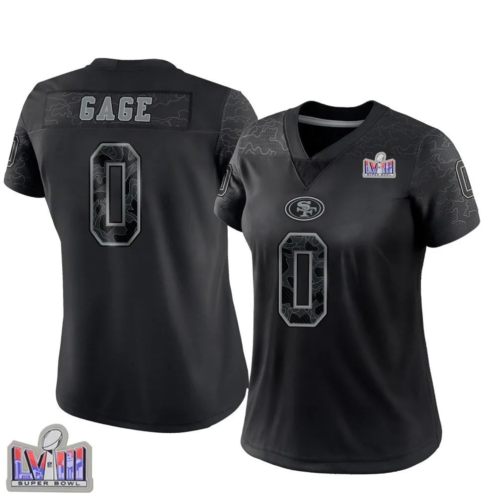 Women's San Francisco 49ers Russell Gage Nike Reflective Super Bowl LVIII Patch Limited Black Jersey Women's San Francisco 49ers Russell Gage Nike Reflective Super Bowl LVIII Patch Limited Black Jersey
