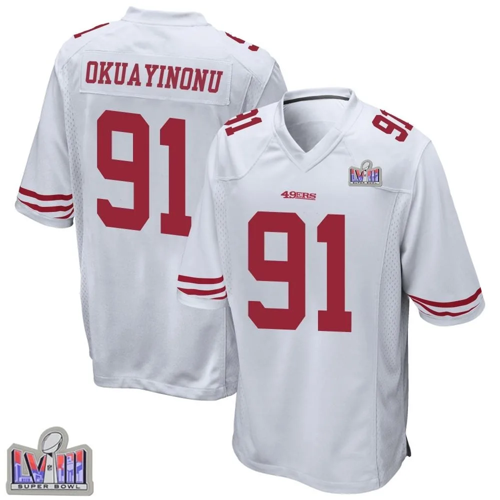 Men's San Francisco 49ers Sam Okuayinonu Nike Super Bowl LVIII Patch Game White Jersey Men's San Francisco 49ers Sam Okuayinonu Nike Super Bowl LVIII Patch Game White Jersey