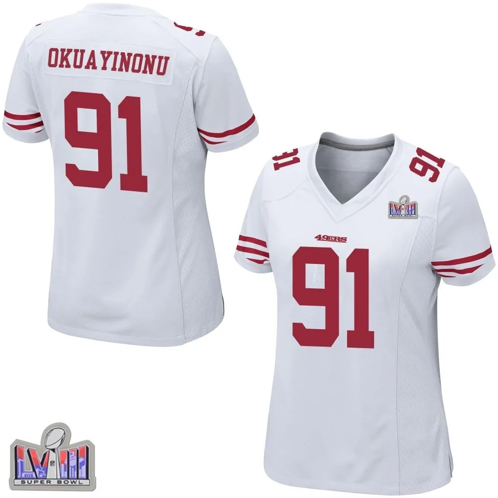 Women's San Francisco 49ers Sam Okuayinonu Nike Super Bowl LVIII Patch Game White Jersey Women's San Francisco 49ers Sam Okuayinonu Nike Super Bowl LVIII Patch Game White Jersey