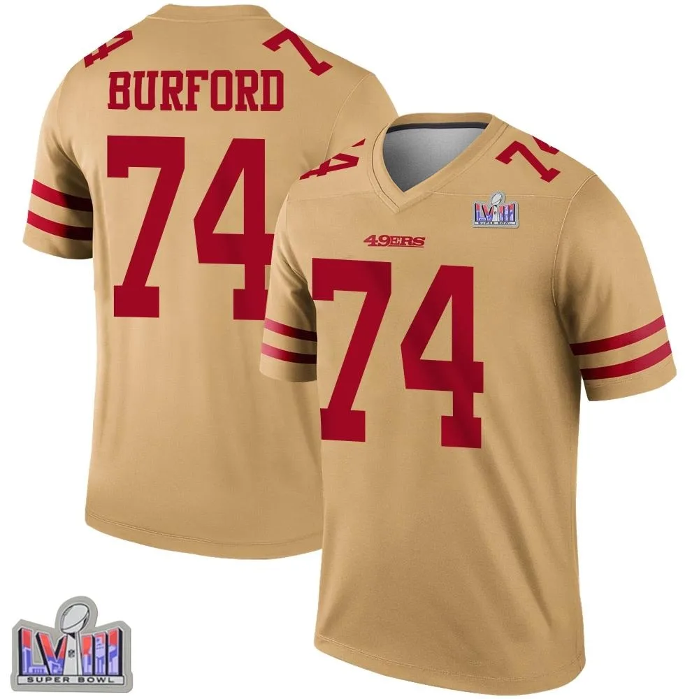 Men's San Francisco 49ers Spencer Burford Nike Inverted Super Bowl LVIII Patch Legend Gold Jersey Men's San Francisco 49ers Spencer Burford Nike Inverted Super Bowl LVIII Patch Legend Gold Jersey