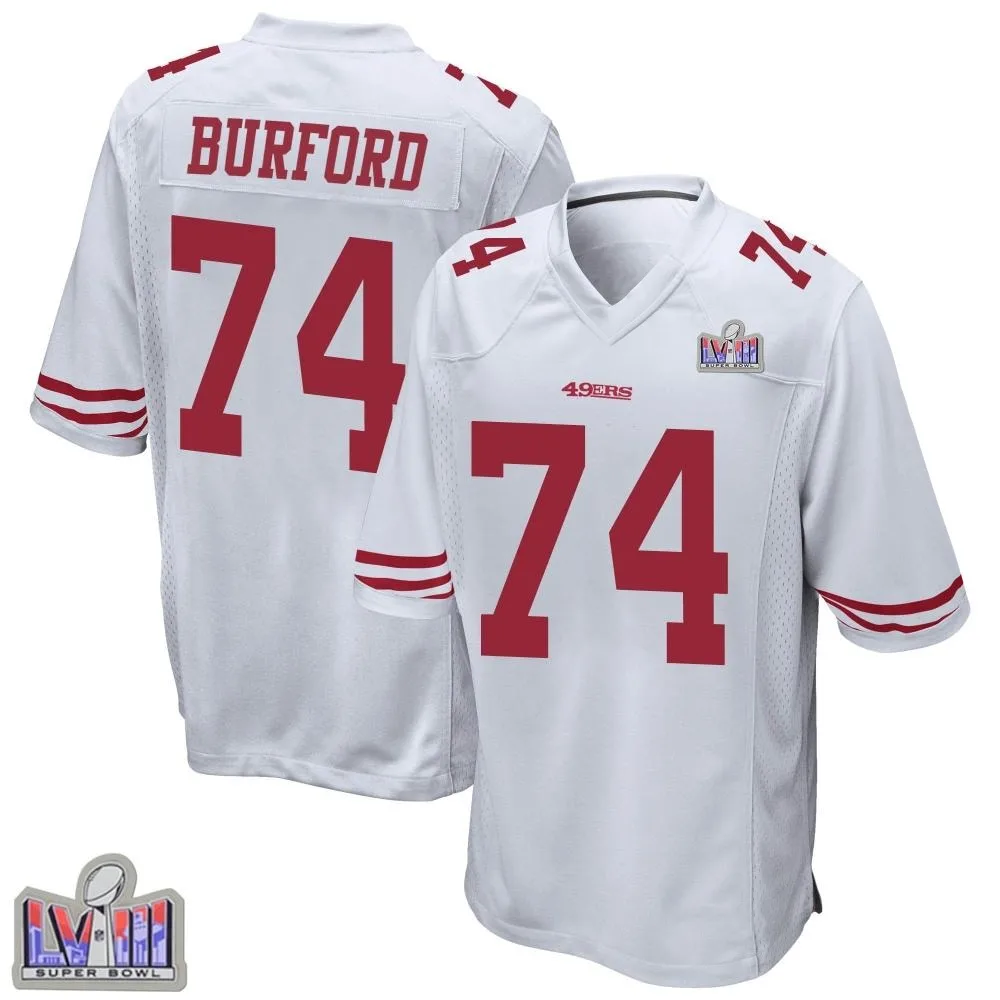 Men's San Francisco 49ers Spencer Burford Nike Super Bowl LVIII Patch Game White Jersey Men's San Francisco 49ers Spencer Burford Nike Super Bowl LVIII Patch Game White Jersey