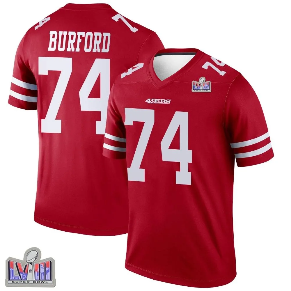 Men's San Francisco 49ers Spencer Burford Nike Super Bowl LVIII Patch Legend Scarlet Jersey Men's San Francisco 49ers Spencer Burford Nike Super Bowl LVIII Patch Legend Scarlet Jersey