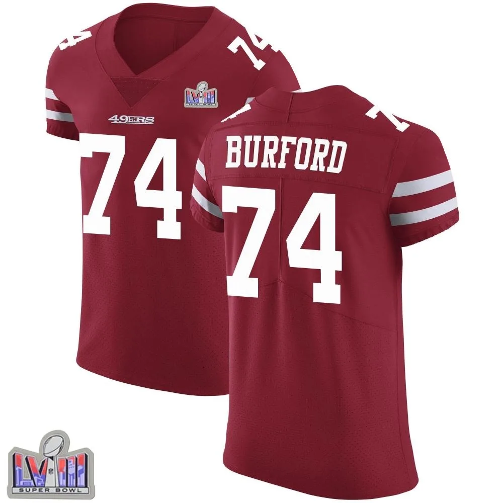 Men's San Francisco 49ers Spencer Burford Nike Team Color Vapor Untouchable Super Bowl LVIII Patch Elite Red Jersey Men's San Francisco 49ers Spencer Burford Nike Team Color Vapor Untouchable Super Bowl LVIII Patch Elite Red Jersey