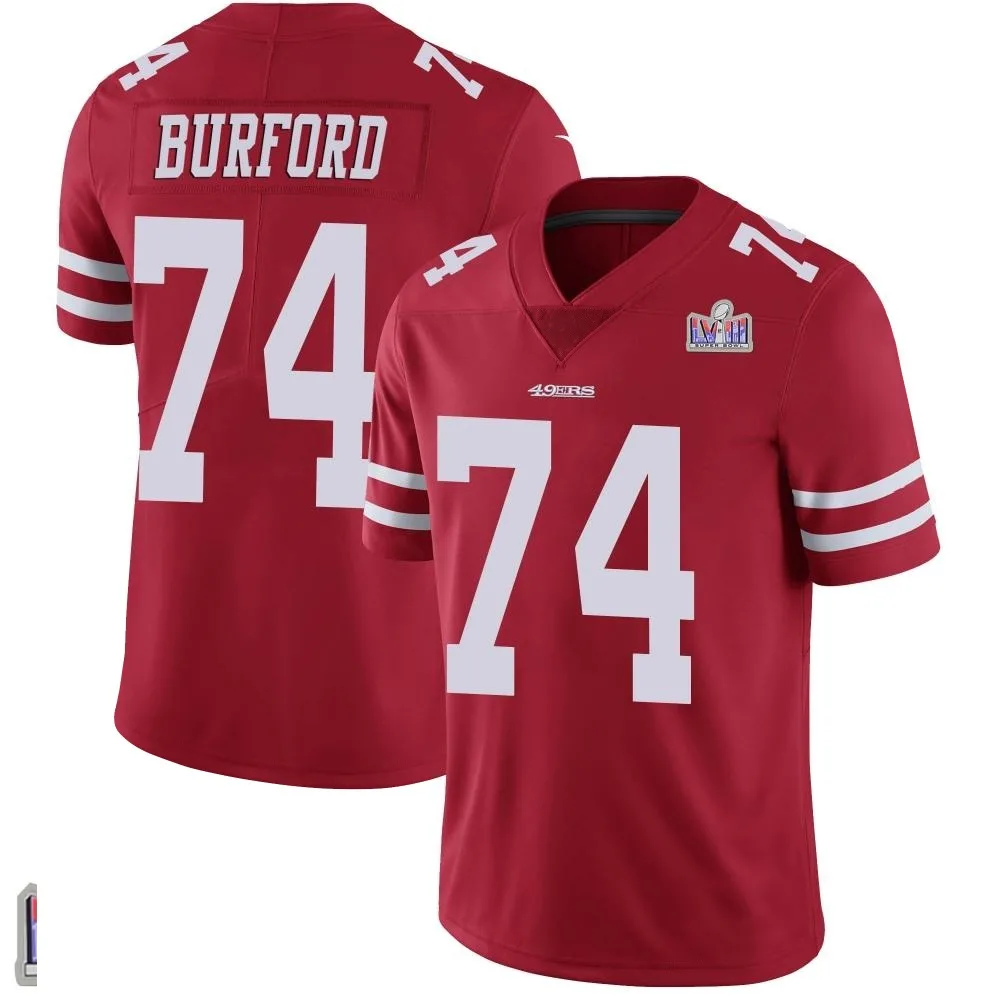 Men's San Francisco 49ers Spencer Burford Nike Team Color Vapor Untouchable Super Bowl LVIII Patch Limited Red Jersey Men's San Francisco 49ers Spencer Burford Nike Team Color Vapor Untouchable Super Bowl LVIII Patch Limited Red Jersey