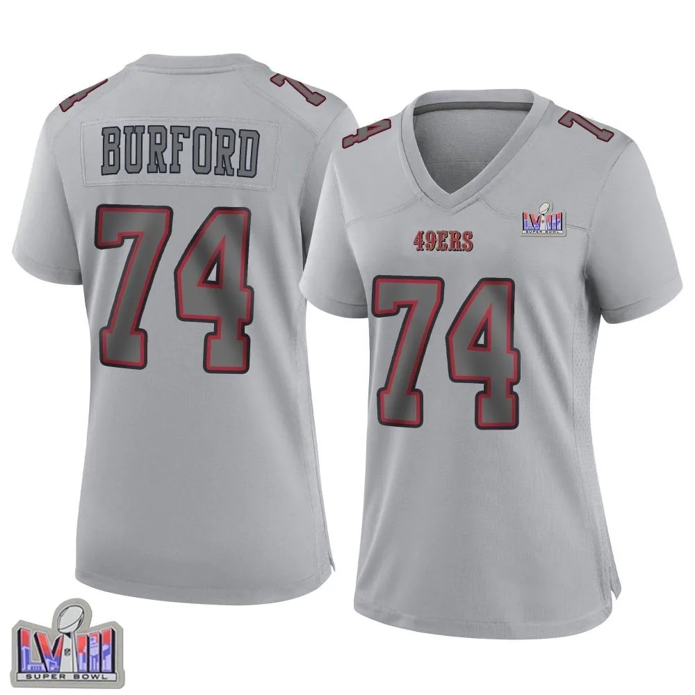 Women's San Francisco 49ers Spencer Burford Nike Atmosphere Fashion Super Bowl LVIII Patch Game Gray Jersey Women's San Francisco 49ers Spencer Burford Nike Atmosphere Fashion Super Bowl LVIII Patch Game Gray Jersey