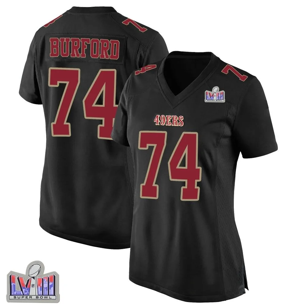 Women's San Francisco 49ers Spencer Burford Nike Fashion Super Bowl LVIII Patch Game Black Jersey Women's San Francisco 49ers Spencer Burford Nike Fashion Super Bowl LVIII Patch Game Black Jersey