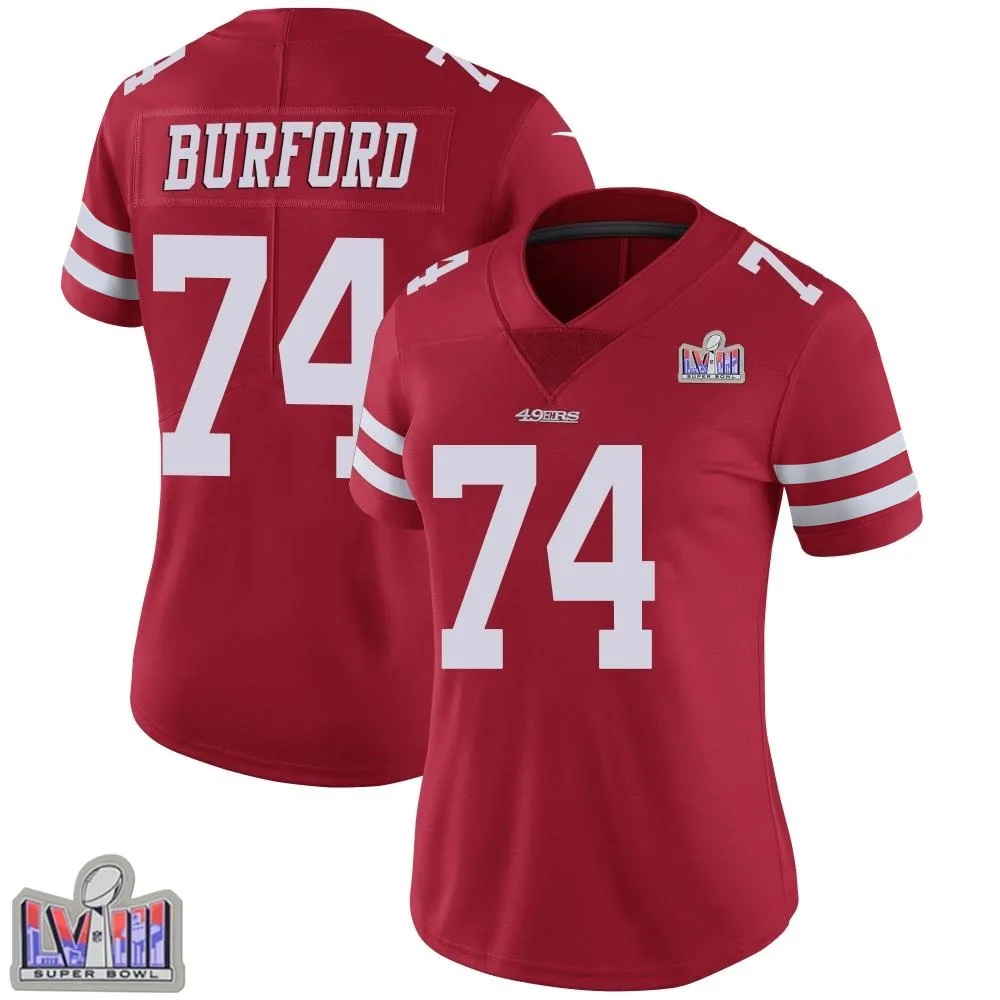 Women's San Francisco 49ers Spencer Burford Nike Team Color Vapor Untouchable Super Bowl LVIII Patch Limited Red Jersey Women's San Francisco 49ers Spencer Burford Nike Team Color Vapor Untouchable Super Bowl LVIII Patch Limited Red Jersey
