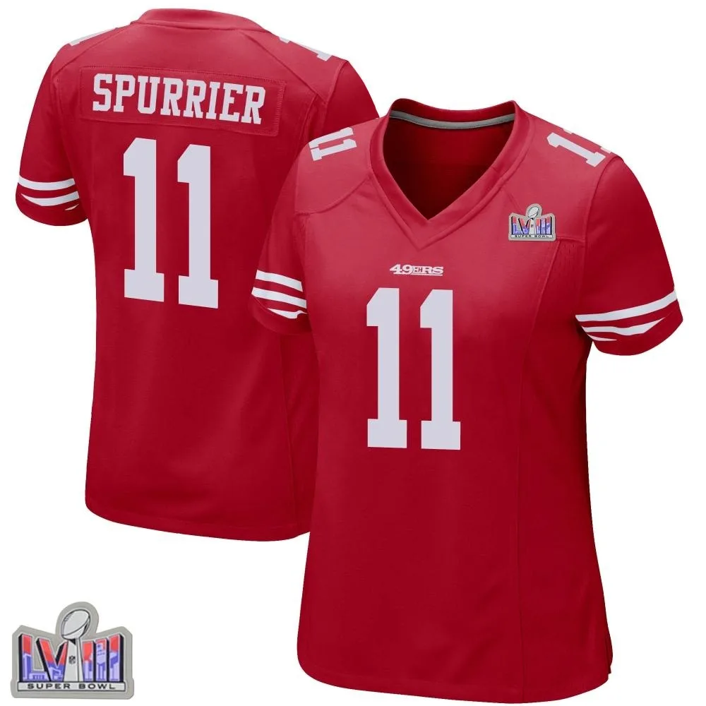 Women's San Francisco 49ers Steve Spurrier Nike Team Color Super Bowl LVIII Patch Game Red Jersey Women's San Francisco 49ers Steve Spurrier Nike Team Color Super Bowl LVIII Patch Game Red Jersey