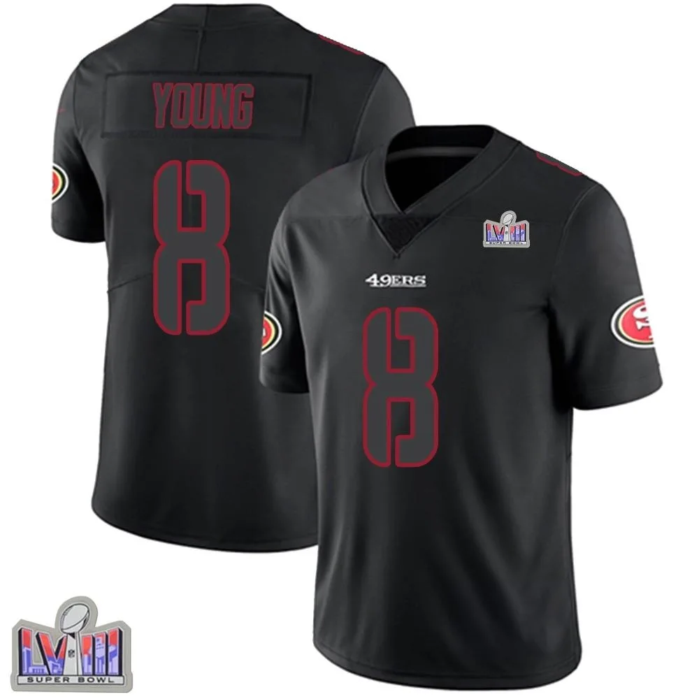 Men's San Francisco 49ers Steve Young Nike Super Bowl LVIII Patch Limited Black Impact Jersey Men's San Francisco 49ers Steve Young Nike Super Bowl LVIII Patch Limited Black Impact Jersey