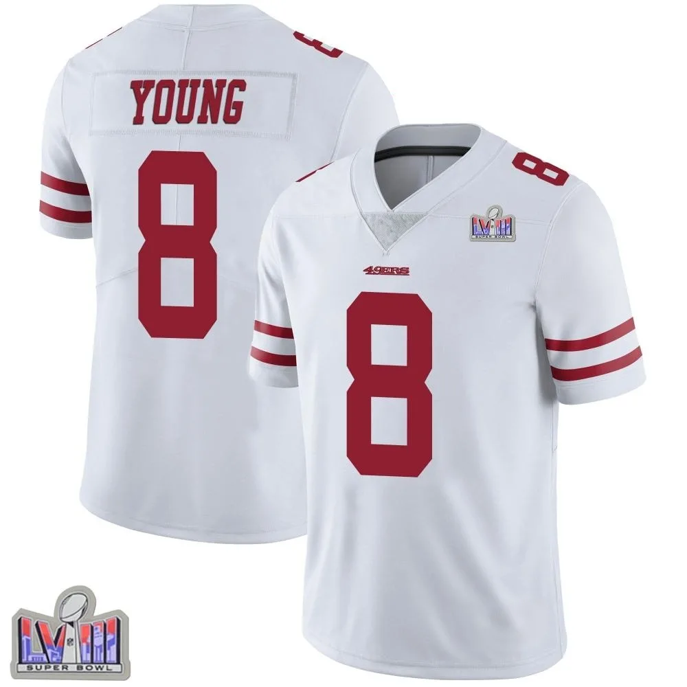 Men's San Francisco 49ers Steve Young Nike Vapor Untouchable Super Bowl LVIII Patch Limited White Jersey Men's San Francisco 49ers Steve Young Nike Vapor Untouchable Super Bowl LVIII Patch Limited White Jersey