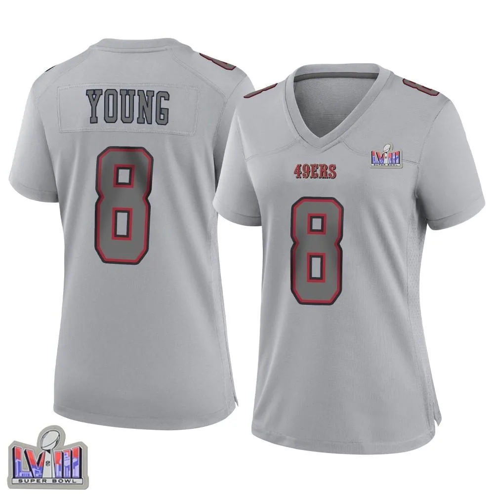 Women's San Francisco 49ers Steve Young Nike Atmosphere Fashion Super Bowl LVIII Patch Game Gray Jersey Women's San Francisco 49ers Steve Young Nike Atmosphere Fashion Super Bowl LVIII Patch Game Gray Jersey