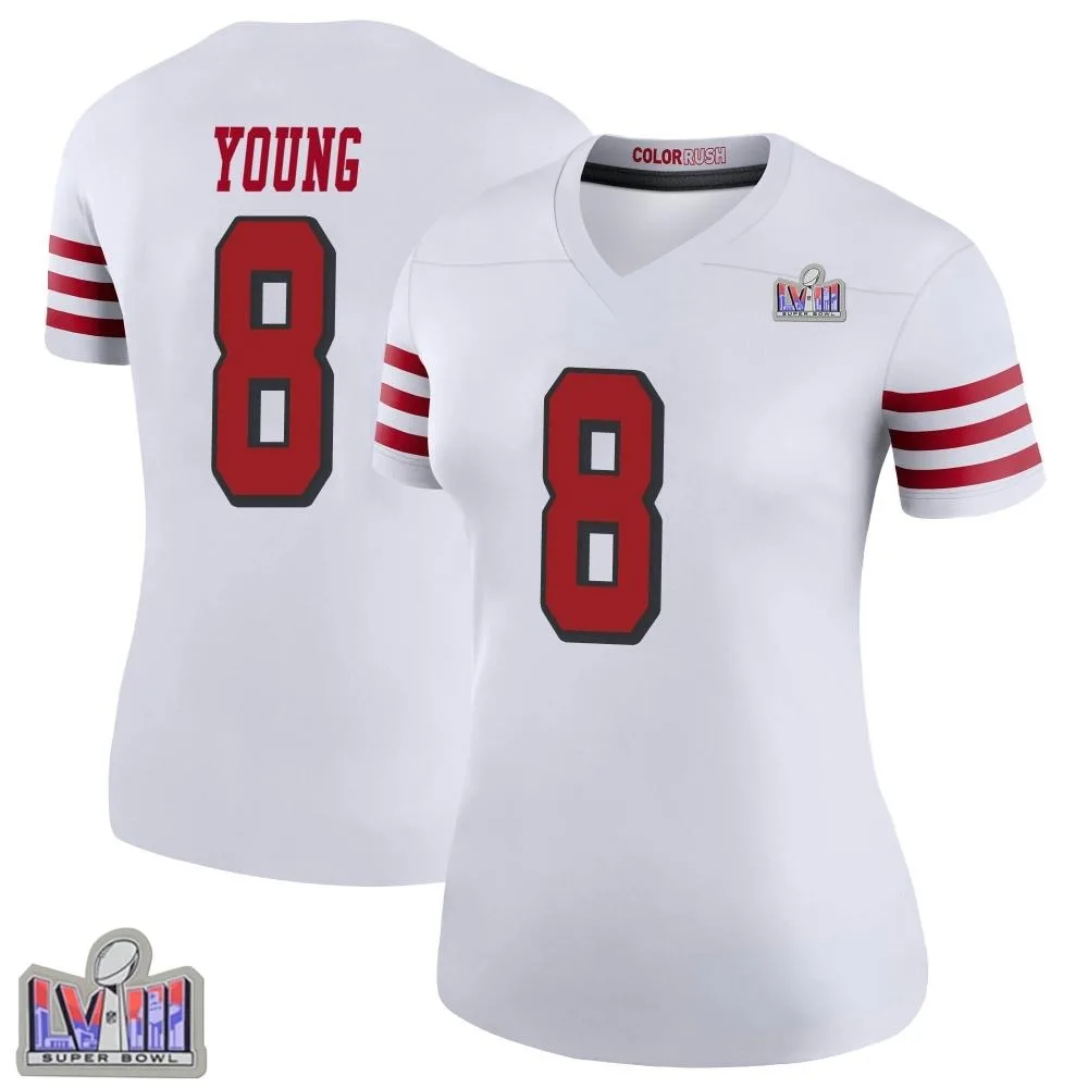 Women's San Francisco 49ers Steve Young Nike Color Rush Super Bowl LVIII Patch Legend White Jersey Women's San Francisco 49ers Steve Young Nike Color Rush Super Bowl LVIII Patch Legend White Jersey