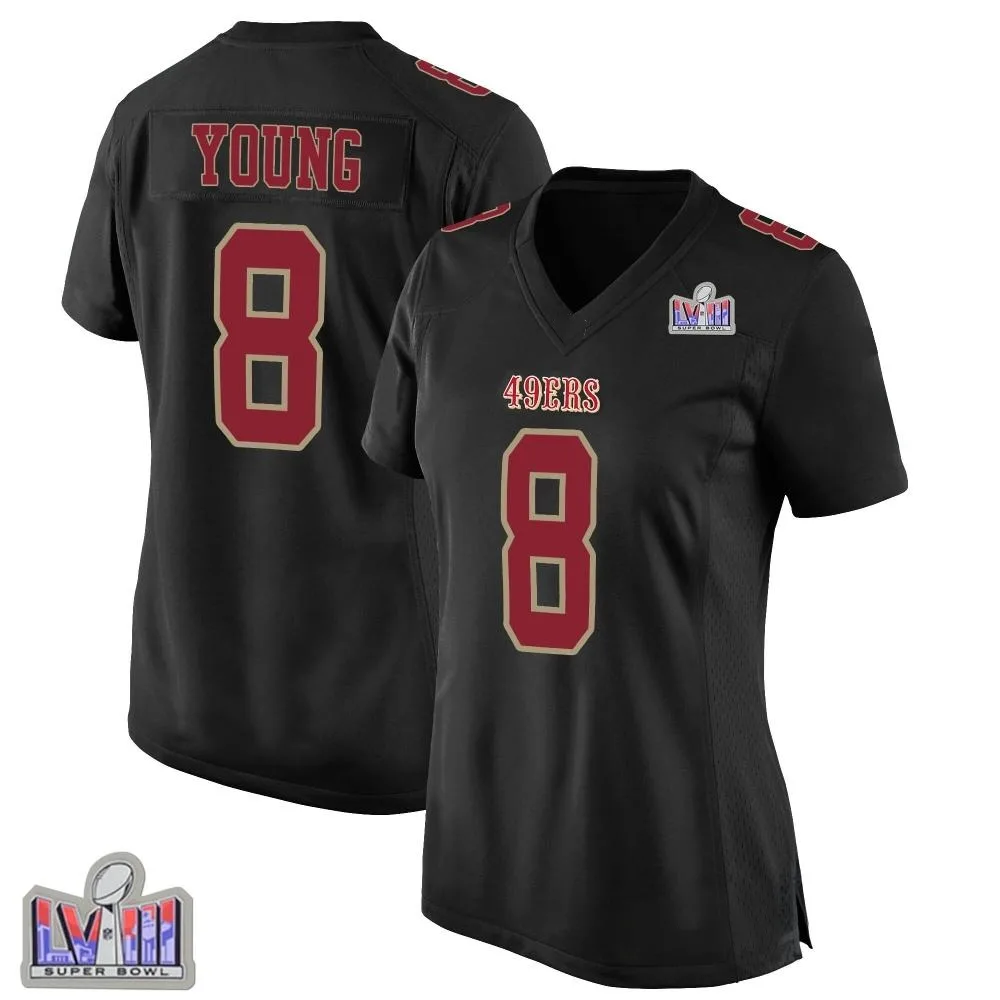 Women's San Francisco 49ers Steve Young Nike Fashion Super Bowl LVIII Patch Game Black Jersey Women's San Francisco 49ers Steve Young Nike Fashion Super Bowl LVIII Patch Game Black Jersey