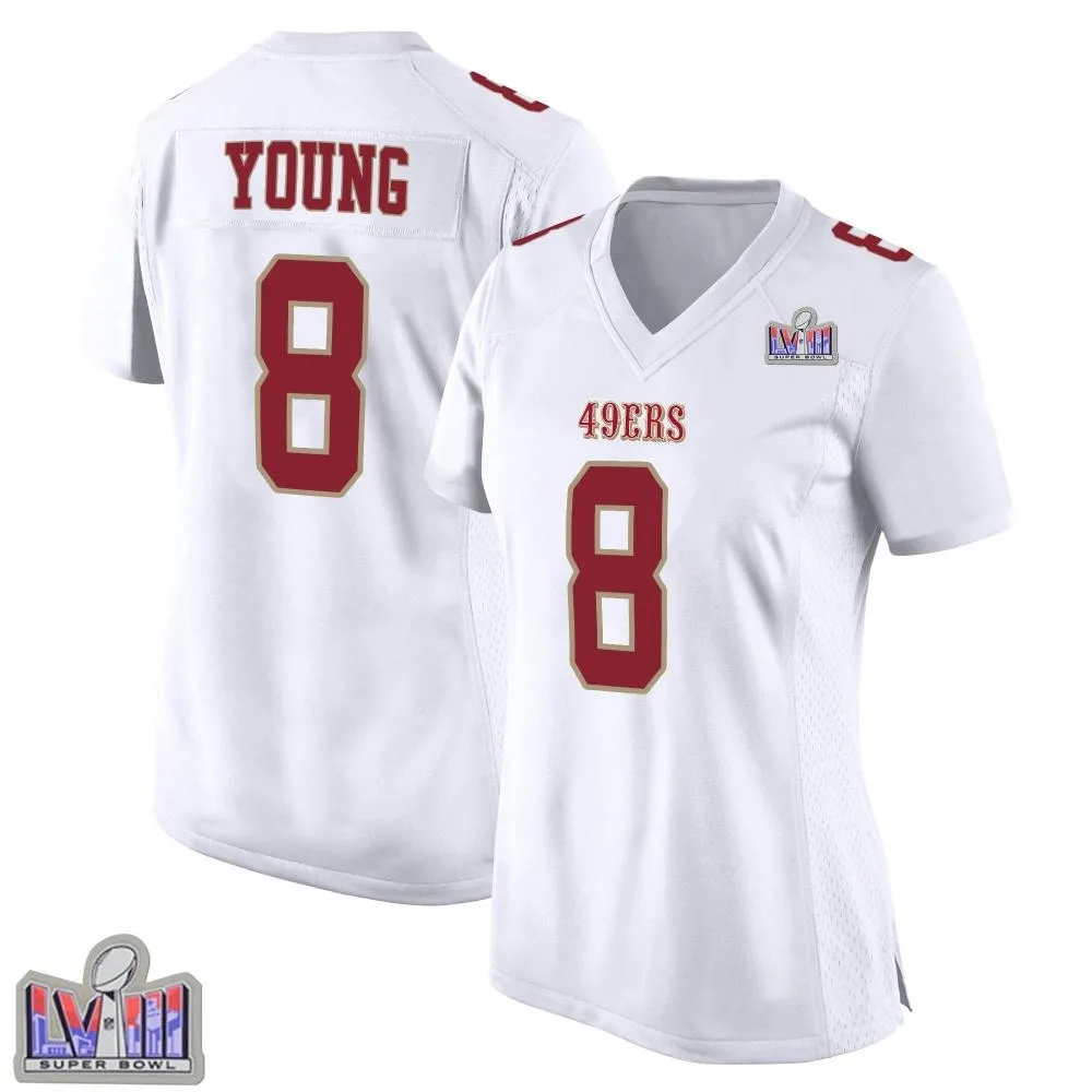 Women's San Francisco 49ers Steve Young Nike Fashion Super Bowl LVIII Patch Game White Jersey Women's San Francisco 49ers Steve Young Nike Fashion Super Bowl LVIII Patch Game White Jersey