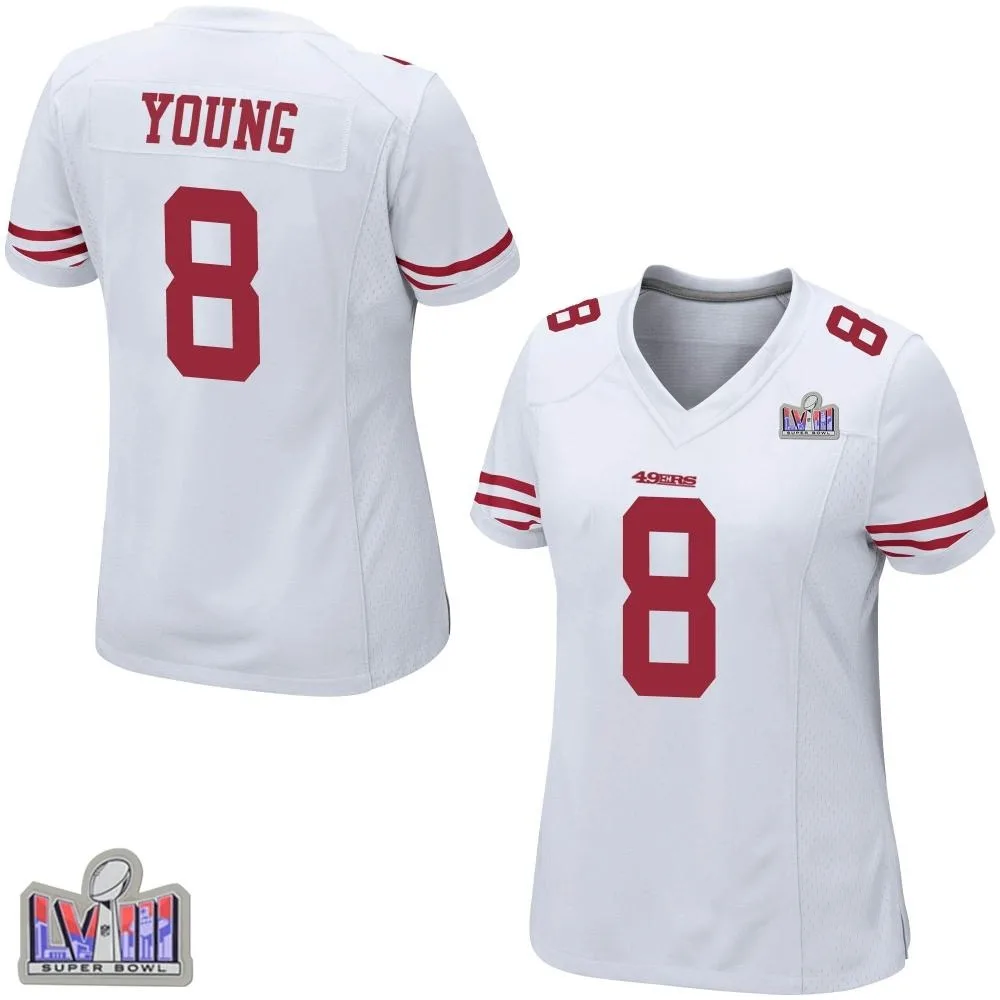 Women's San Francisco 49ers Steve Young Nike Super Bowl LVIII Patch Game White Jersey Women's San Francisco 49ers Steve Young Nike Super Bowl LVIII Patch Game White Jersey