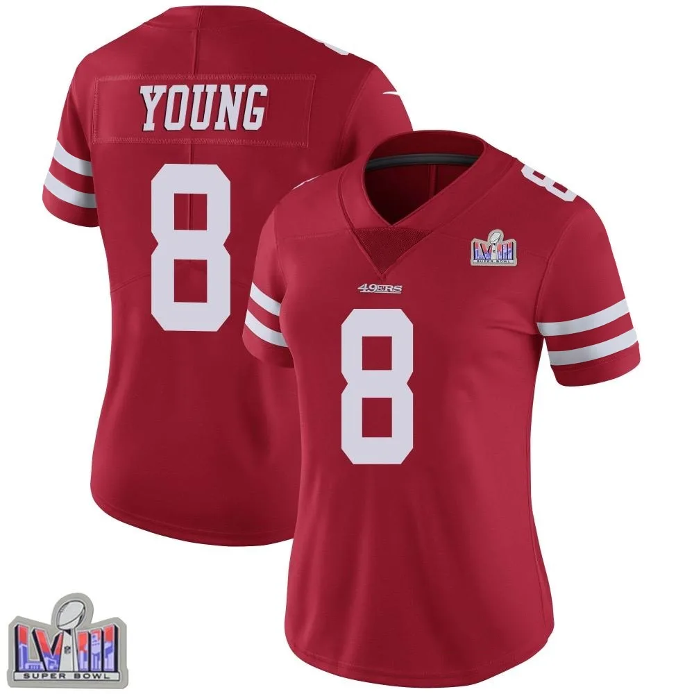 Women's San Francisco 49ers Steve Young Nike Team Color Vapor Untouchable Super Bowl LVIII Patch Limited Red Jersey Women's San Francisco 49ers Steve Young Nike Team Color Vapor Untouchable Super Bowl LVIII Patch Limited Red Jersey